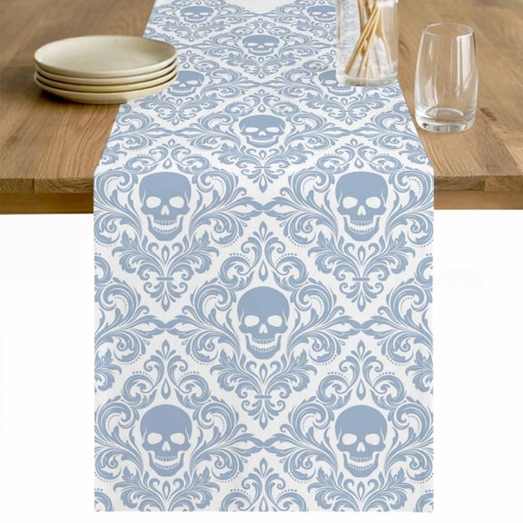 Skeleton Table Runner - 36 Inch Long Light Blue Horror Skull Abstract Patterned Cotton and Linen Blended Dress Scarves Farmhouse Table Runner for Kitchen Dining, Coffee Table, 13" x 36"