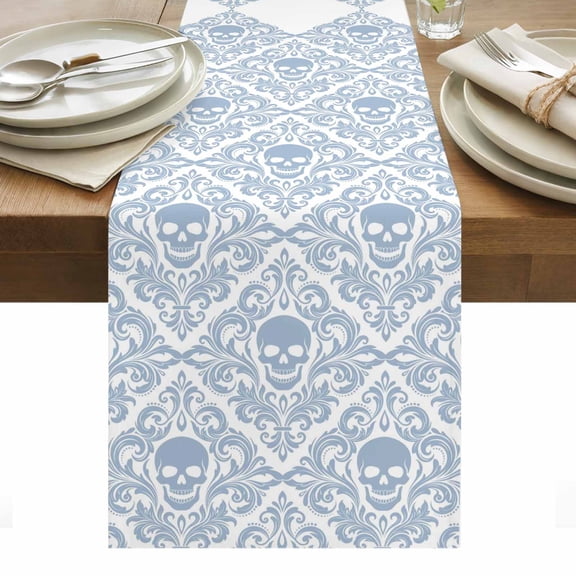 Skeleton Table Runner Light Blue Horror Skull Abstract Patterned Tablerunners 13 x 72 Inch, Table Decorations Tabletop Scarf for Summer Gathering Holiday Farmhouse Kitchen Dining Decor