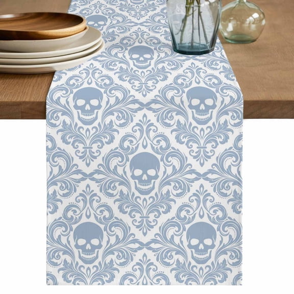 Skeleton Table Runner, Light Blue Horror Skull Abstract Patterned Washable Cotton Linen Table Runners 48 Inches Long, Dresser Scarf Runner for Nightstand/Coffee/End Tables 13''x48''