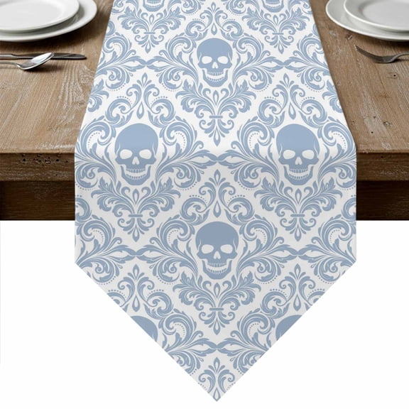 Skeleton Table Runner Linen Burlap Table Runner 36 Inches Small Light Blue Horror Skull Abstract Patterned Dresser Scarves for Kitchen Island Coffee Dining Room Party Wedding Holiday Decor 13"x36"