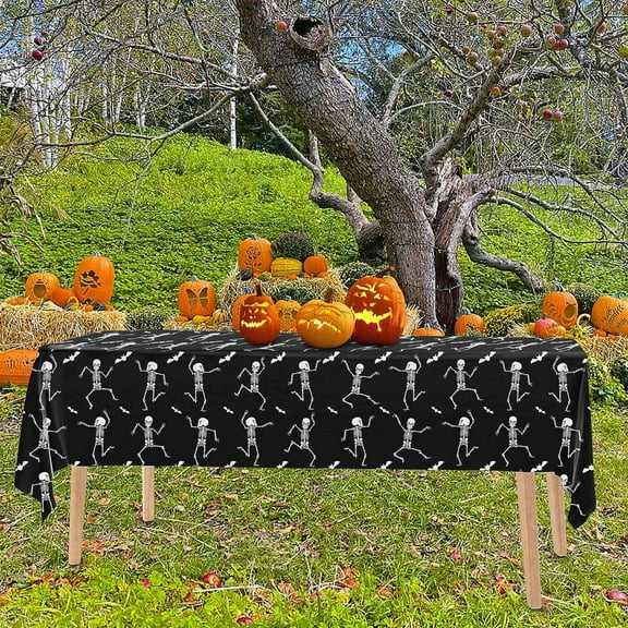 Skeleton Tablecloth Disposable Halloween Table Cover - Plastic Waterproof Spooky Print Table Runner, Rectangle Party Tablecloth for Dining Room Patio Table Halloween Decor