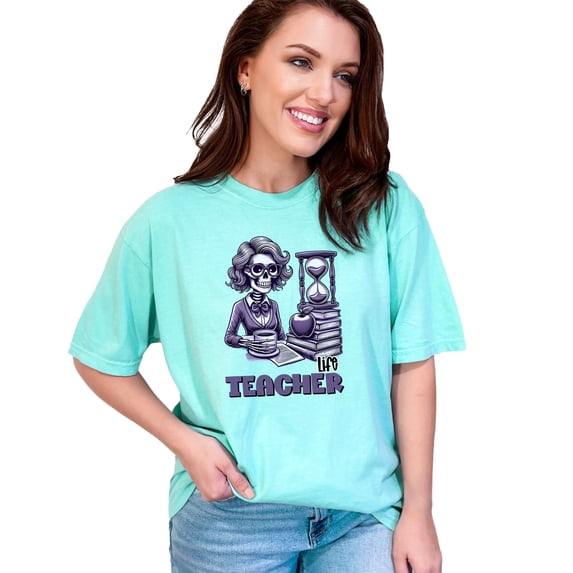 Skeleton Teacher T-Shirt, Cool Gothic Teacher Design Tee, Hourglass Apple Books Graphic, Funny Teacher Gift Shirt, Chalky Mint Comfort Colors T-Shirt, 2XL