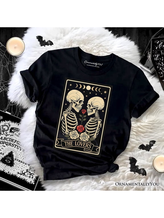 Skeleton The Lovers T-Shirt, Tarot Card Gothic Moon Phases Rose Tee