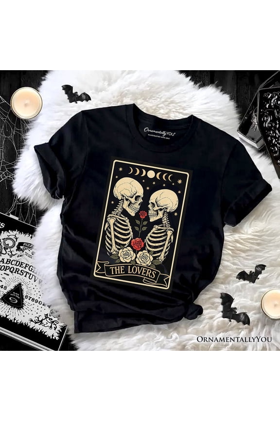 Skeleton The Lovers T-Shirt, Tarot Card Gothic Moon Phases Rose Tee
