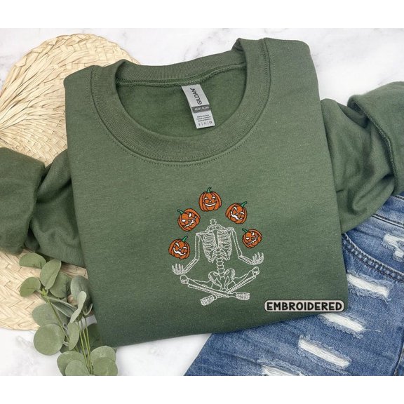 Skeleton Throwing Pumpkin Embroidered Sweatshirt