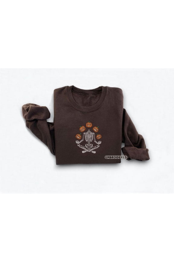 Skeleton Throwing Pumpkin Embroidered Sweatshirt