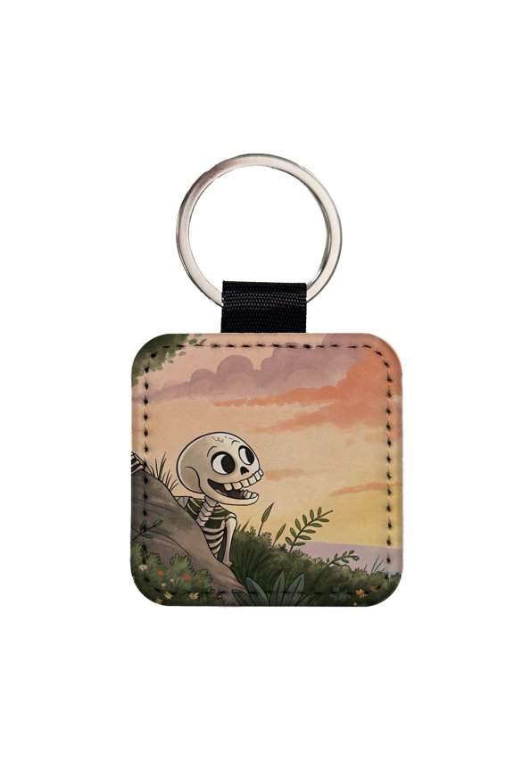 Skeleton Tree Sunset Halloween Faux Leather Square Keychain