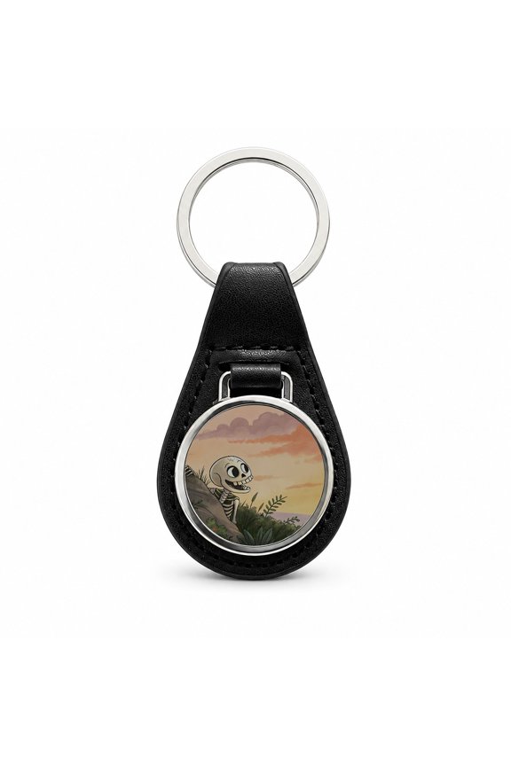 Skeleton Tree Sunset Halloween Metal Black Leather Keychain