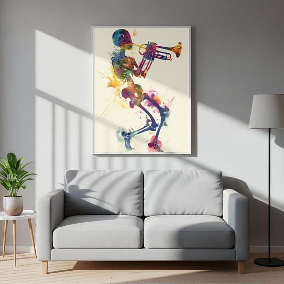 Skeleton Trumpet Player Modern Watercolour With Minimal Background ...
