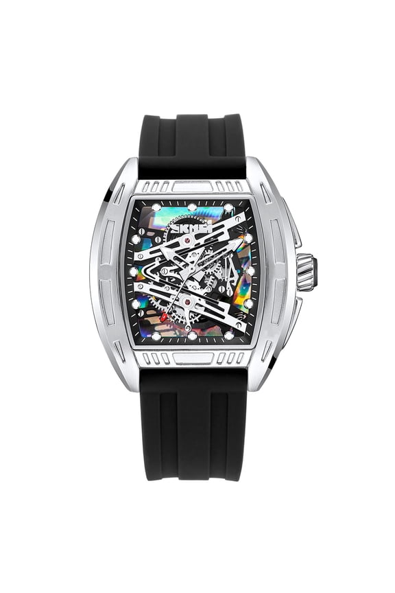 Skeleton Watch, Yrmaups Skeleton Watch, Barrel Shaped Waterproof Luminous Quartz Watch with Visible Movement, High Brightness Hands for Night Reading, Soft Silicone Strap for Men