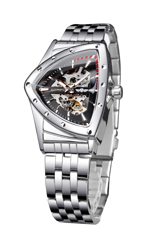 Skeleton Watches for Men, Automatic Mechanical Watch with Triangle Dial, Luminous Self Winding Watches Stainless Steel Bracelet or Soft Silicone Strap