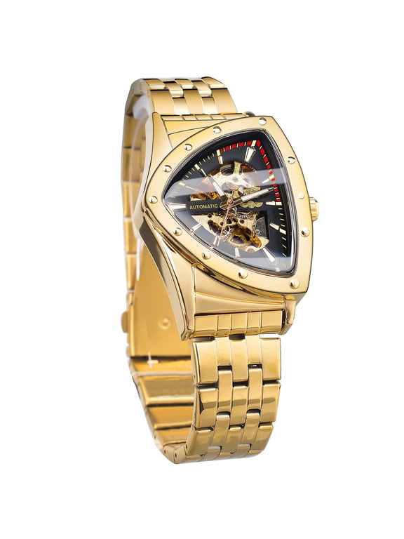 Skeleton Watches for Men, Automatic Mechanical Watch with Triangle Dial, Luminous Self Winding Watches Stainless Steel Bracelet or Soft Silicone Strap