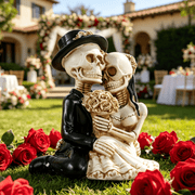 Skeleton Wedding Couple Resin Figurine, Gothic Lovers Skull Statue with Rose Bouquet, Halloween Tabletop Ornament for Wedding Party Home Shelf Decor