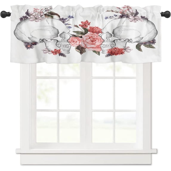Skeleton Window Curtain Valance for Kitchen Windows/Bathroom/Living Room/Bedroom Privacy Decorative Rod Pocket Short Window Valance Curtain, 52" W x 18" L, Skull Skeleton Bone Pink Rose Flowers