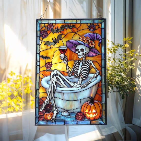 Skeleton Witch Acrylic Faux Stained Glass Suncatcher, Halloween Window Hanging, Spooky Fall Gift For Her