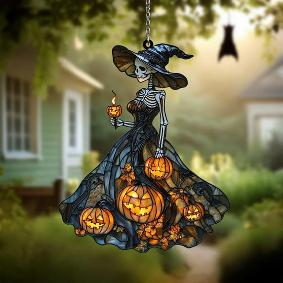 Skeleton Witch Acrylic Suncatcher – Spooky Halloween Lady with Jack-O’-Lantern Dress and Wine Glass, Gothic Window Decor for Fall Homes