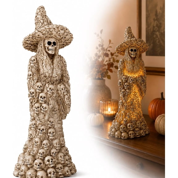 Skeleton Witch Ornament, Glowing Skull Lantern Halloween Decor, USB and Battery Powered Statue, 1 Pc