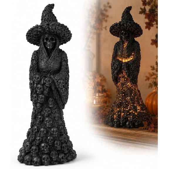 Skeleton Witch USB Glowing Ornament Halloween Gothic Mantel Decor Warm Light Haunted House Display (black) 1Pcs