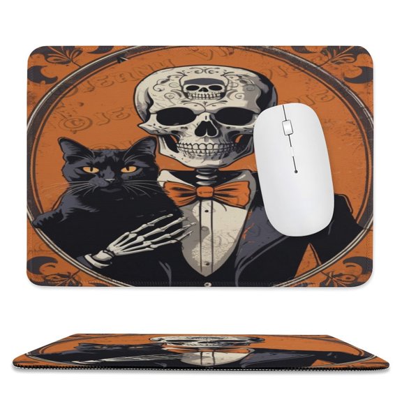 Skeleton With Black Cat Print Mouse Pad, Computer Mouse Mat with Anti-Slip Rubber Base, Easy Gliding, with Stitched Edge,Funny Mouse Pad with Design 8"x10"