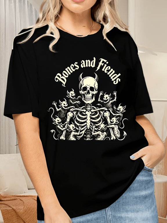 Skeleton With Devils And Bones And Fiends Text Vintage Grunge Y2K Graphic Crewneck Cotton Unisex Tee Shirt