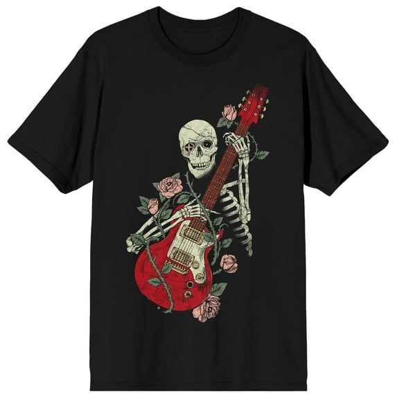 Skeleton With Guitar And Rose Scoop Crew Neck Short Sleeve Men's Black T-shirt-XXL