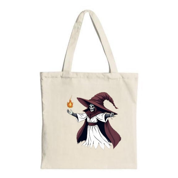 Skeleton Wizard Tote Bag - Canvas Red Robe & Hat Design Spell - Casting with Flame Perfect for Shopping Travel & Parties