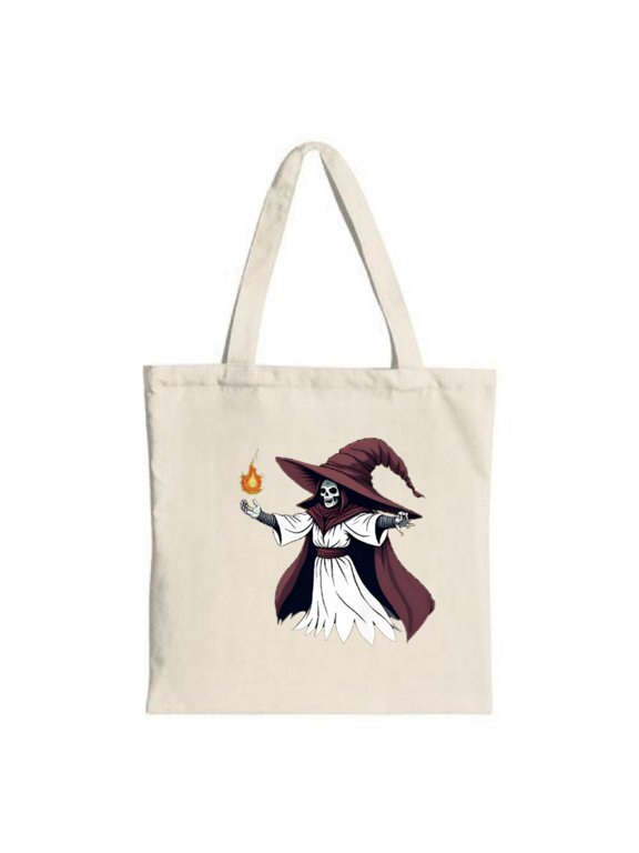 Skeleton Wizard Tote Bag - Canvas Red Robe & Hat Design Spell - Casting with Flame Perfect for Shopping Travel & Parties