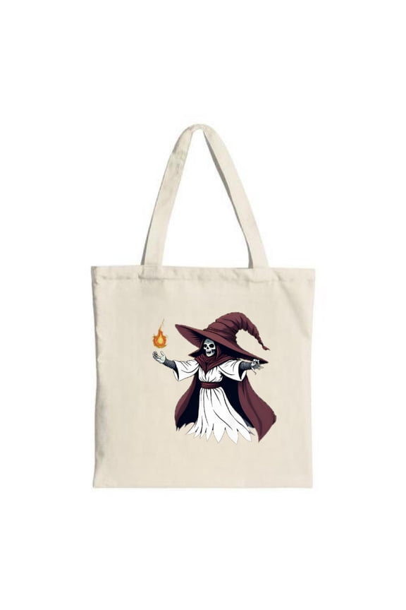 Skeleton Wizard Tote Bag - Canvas Red Robe & Hat Design Spell - Casting with Flame Perfect for Shopping Travel & Parties