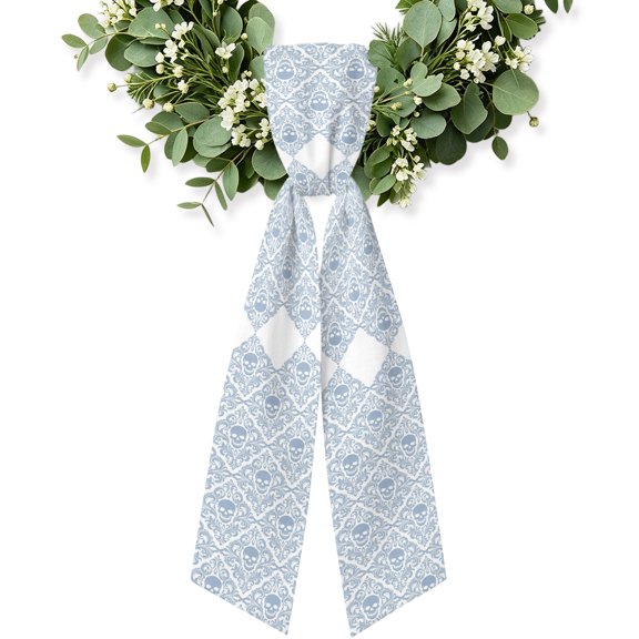 Skeleton Wreath Sash for Front Door, Light Blue Horror Skull Abstract Patterned Wreath Bow Accent for Fall Christmas Holiday Door Decor, Ribbon Sash for Wreaths, Porch Home Decoration