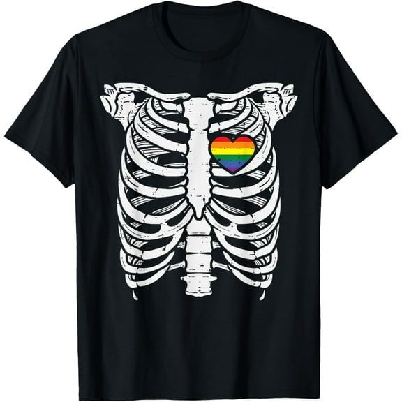 Skeleton Xray Ribs Halloween Heart LGBTQ Gay Pride Ally T-ShirtPure cotton short-sleeved shirts for both men and women