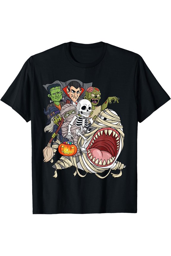 Skeleton Zombie Riding Mummy Shark Funny Pumpkin Unisex S-5XL T-Shirt, Birthday Gift
