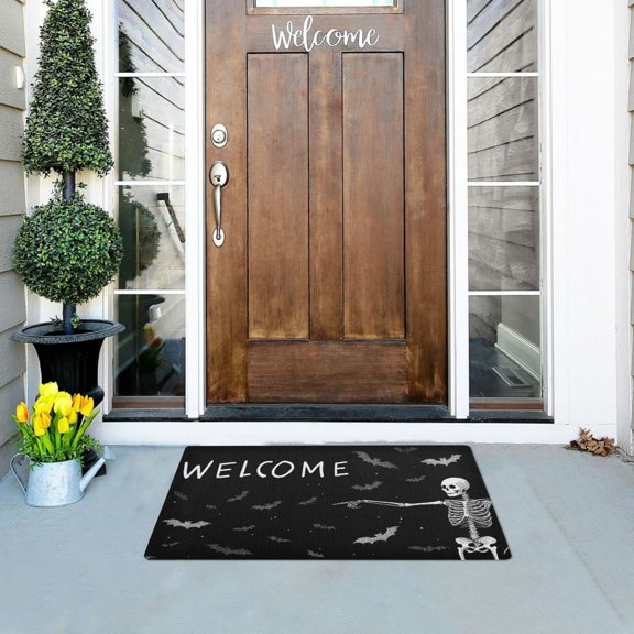Skeleton and Bats Halloween Greeting Doormats Welcome Mats Gate Pads Entryway Outdoor 32" x 20"