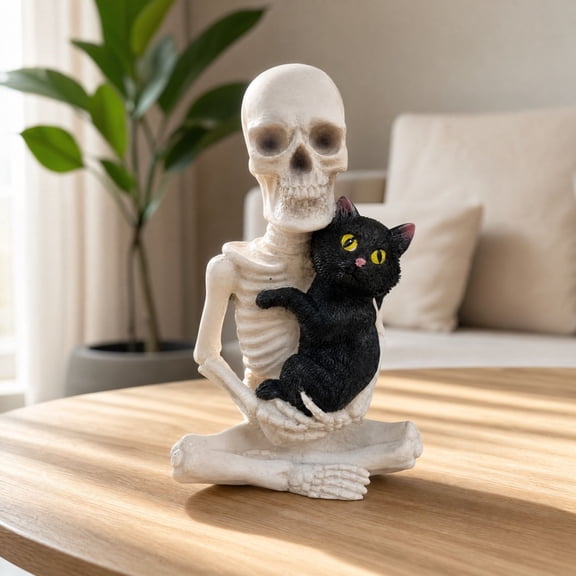 Skeleton and Cat Decoration, Black and White, 7", Halloween Decoration Indoor for Table, Mantel