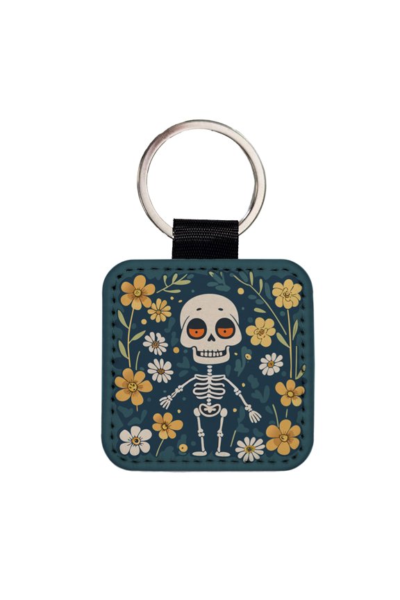 Skeleton and Flowers Funny Halloween Faux Leather Square Keychain
