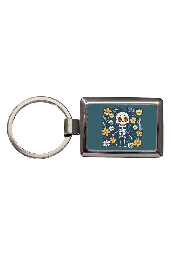 Skeleton and Flowers Funny Halloween Metal Rectangle Keychain