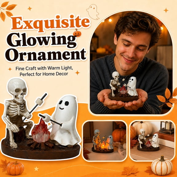 Skeleton and Ghost Bonfire Night Lamp, LED Faux Campfire Nightlight, Cute Spooky Halloween Decor for Bedside Study Room