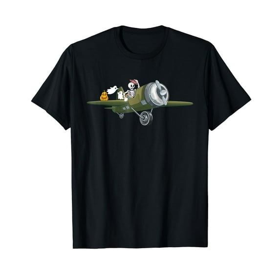 Skeleton and Ghost Pumpkin Riding airplane Halloween T-Shirt