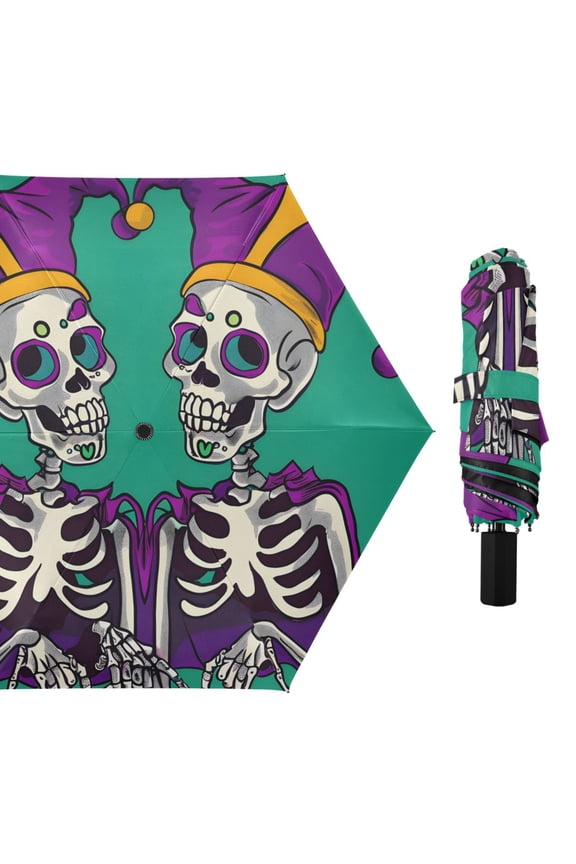 Skeleton in Clown Costume All Weather Umbrella Triple Folding Parasol 6 Ribs UV Protection Portable