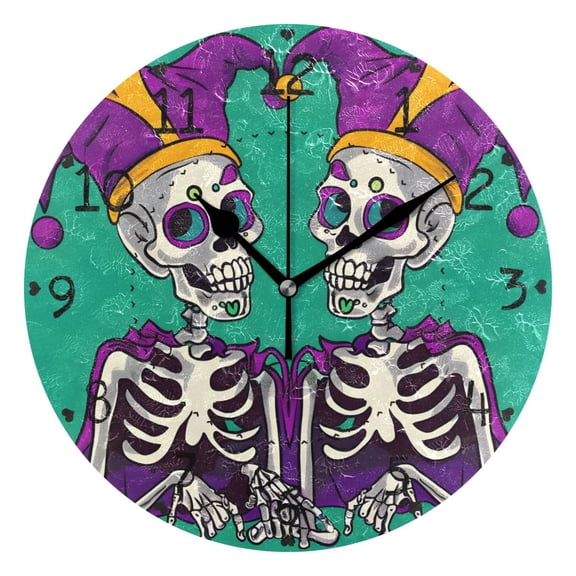 Skeleton in Clown Costume Round Wall Clock Silent Analog Battery Operated Black Pointer Home Decor 9.84" Diameter