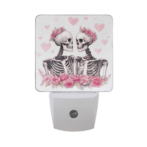 Skeleton in Love with Pink Roses Valentine LED Night Light Sensor Lamp Plug-in Adjustable Brightness 2 Pack