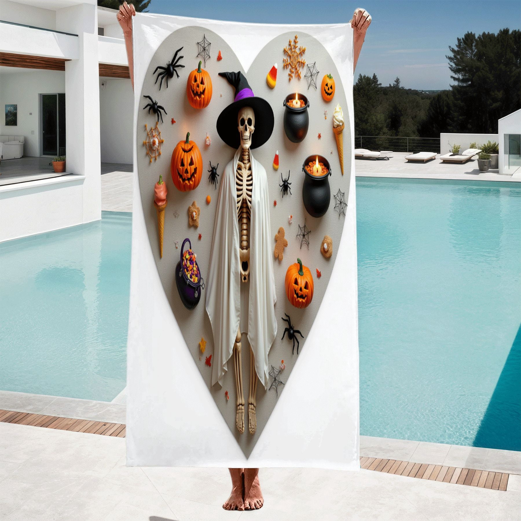 Pool Skeleton Skeleton in White Robe with Halloween Decor Beach Towel - Spooky ...