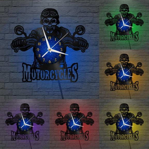 Skeleton motorcycle 12 Inch Vinyl Record Wall Clock - Silent, Creative, and Unique Clock for Living Room, Entryway, or Bedroom Decor - Perfect Gift Idea(12 inchs B with LED)