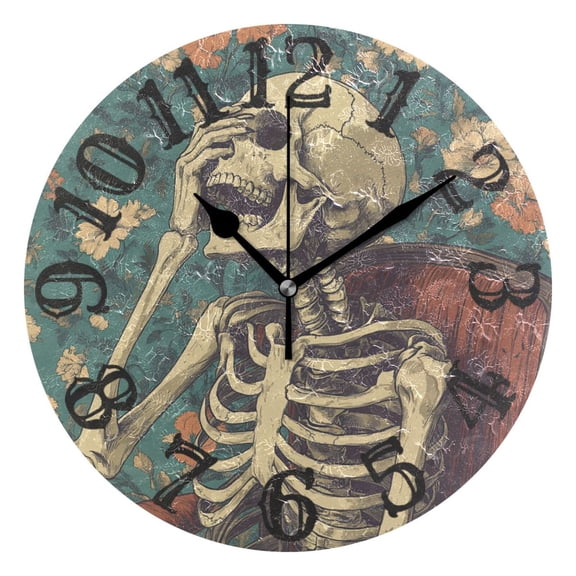 Skeleton on Chair Wall Clock 10 inch Non-Ticking Easy to Read Decorative Clocks for Home Bedroom Living Room