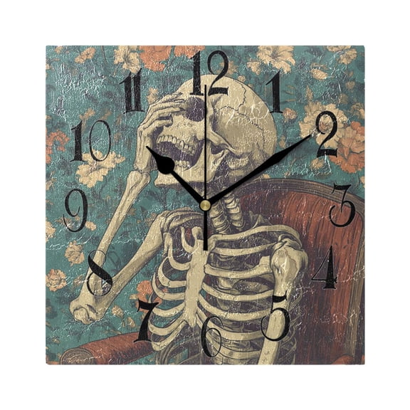 Skeleton on Chair Wall Clock Decorative Square Silent Non-Ticking Operated Clocks Aesthetic for Bedroom Living Room