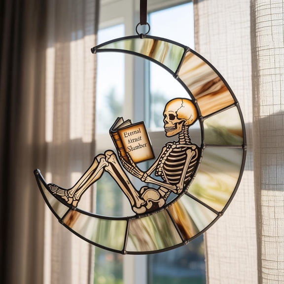 Skeleton on Moon Acrylic Suncatcher Gothic Halloween Window Hanging, Reading Skeleton Stained-Glass Style Decor