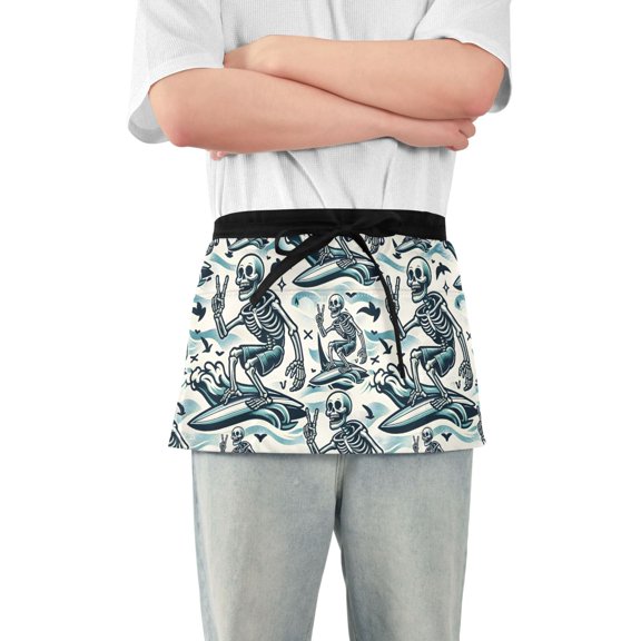 Skeleton on Surf Server Apron with 3 Pockets Waterproof Waitress Waist Short Apron for Man Woman 12 Inches