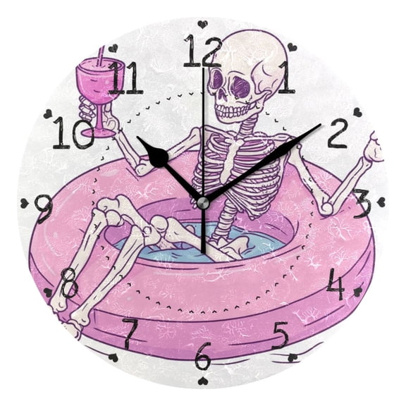 Skeleton on Swimming Circle with Cocktail Round Wall Clock Silent Analog Battery Operated Black Pointer Home Decor 9.84" Diameter