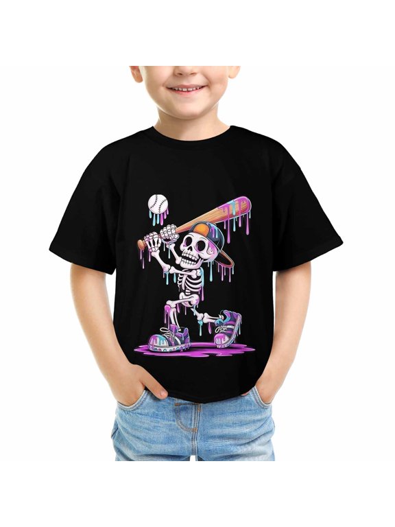 Skeleton playing baseball Kids T-Shirt, 180gsm, 100% Cotton
