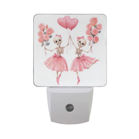 Skeleton with Ballet Dress Valentine LED Night Light Sensor Lamp Plug-in Adjustable Brightness 2 Pack