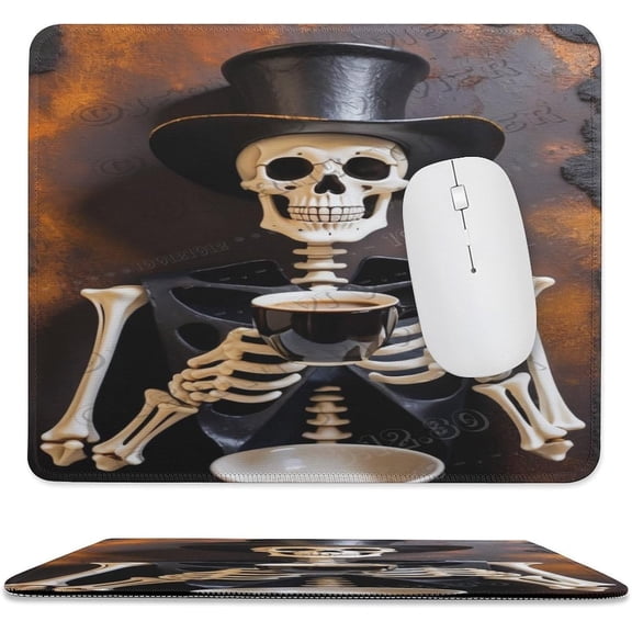 Skeleton with Coffee Print Mouse Pad with Stitched Edge,Premium-Textured Mouse Mat, Non-Slip Rubber Base Mousepad for Laptop, Computer & PC 10"x12"